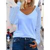 Fashion See-through Striped Long Sleeve T-Shirt Female Autumn Loose V Neck Pullover Tops Women Solid Color Casual Commuter Tees