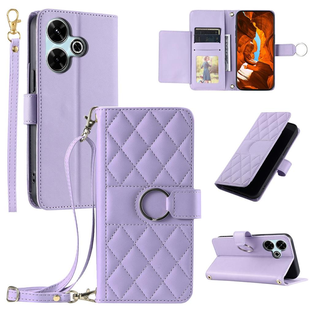 Crossbody Leather Case for Xiaomi Redmi 13 5G/4G/Poco M6 Plus 5G/Poco M6 4G/Redmi Note 13R 5G Rhombus Mobile Cover