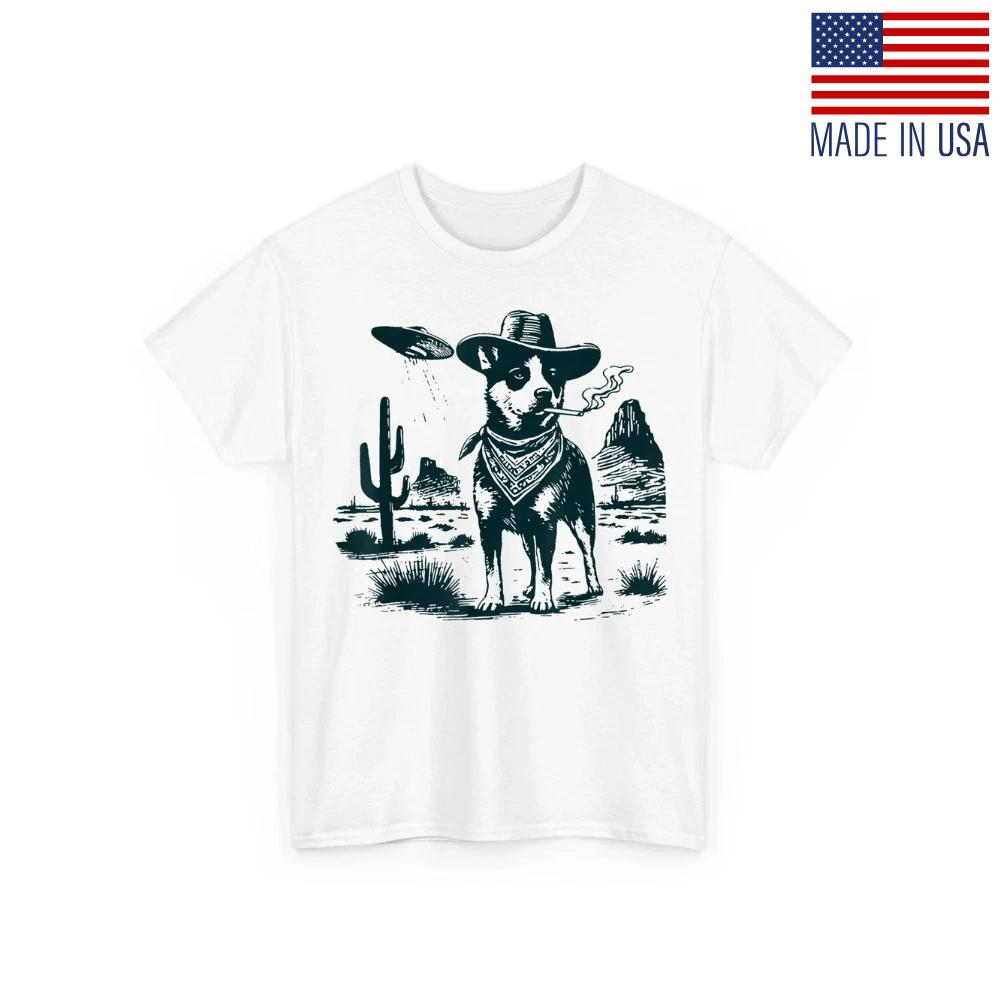 Western Cowboy Dog Smoking with UFO Australian Cattle Dog Funny Unisex T-Shirt 4XL