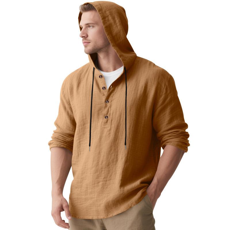 Men's Lightweight Linen Hooded Henley Shirt Casual Long Sleeve Button-Up Drawstring Solid Color