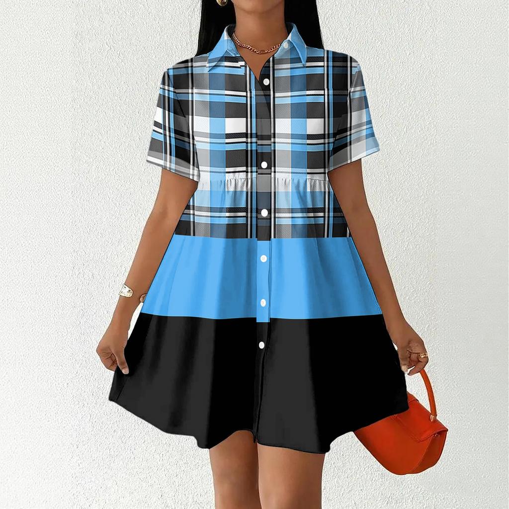 Women's Casual Loose Fit Shirt Dress Button Front Short Sleeve Turn Down Collar Dress with Printed Pattern Suitable for Daily Wear