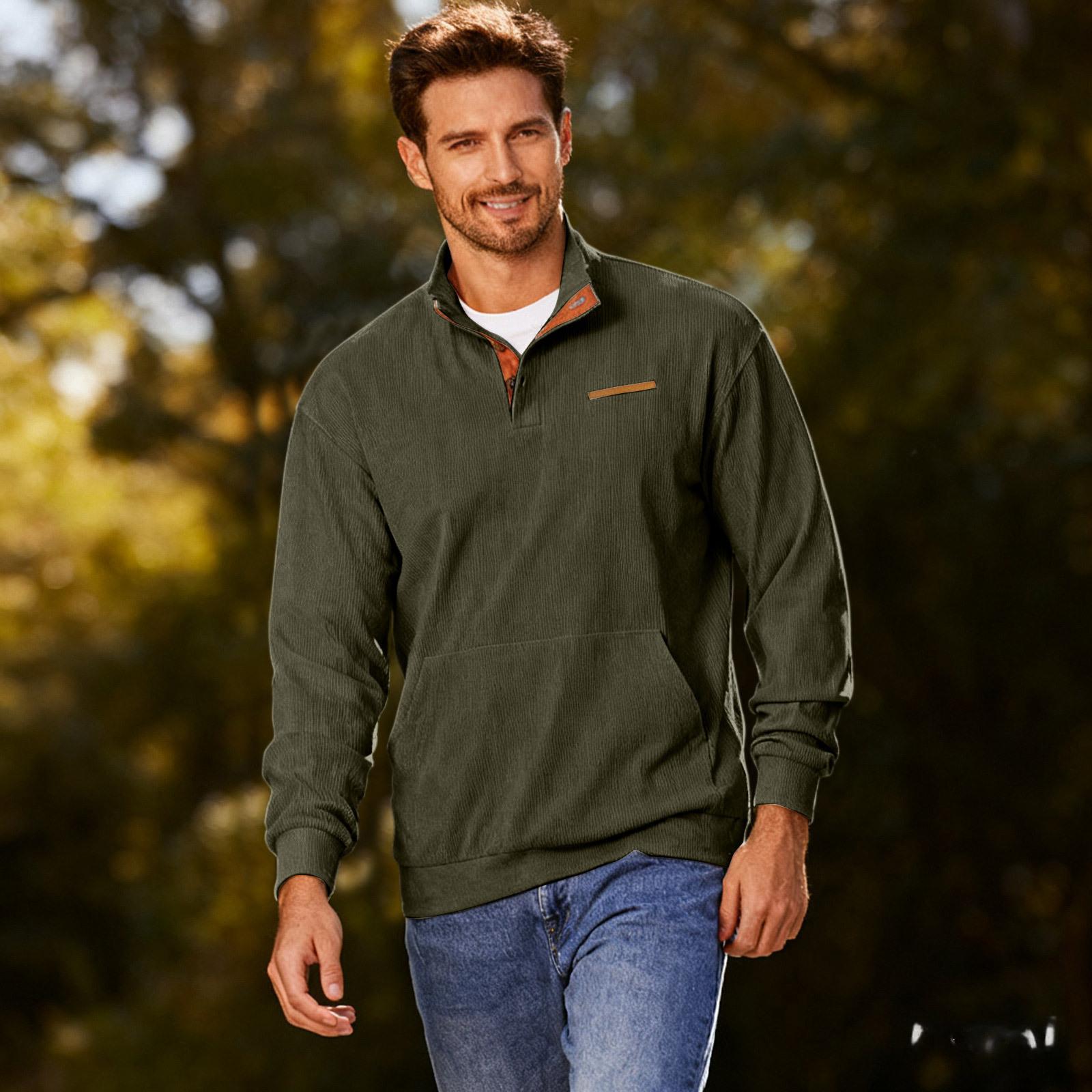 

Мужская повседневная свободная однотонная уличная вельветовая толстовка с воротником-стойкой и длинными рукавами, с накладным карманом M