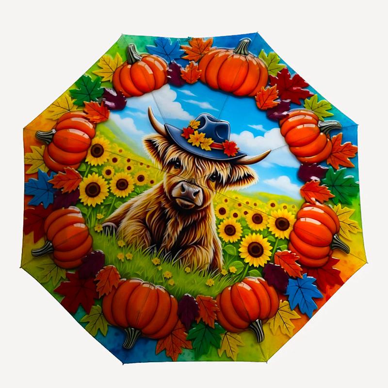 1pc Autumnal Cow Wreath Automatic Open/Close Umbrella, Compact Travel Umbrella, 8-Rib Sturdy Frame - Ideal Gift for Friends yy251118086