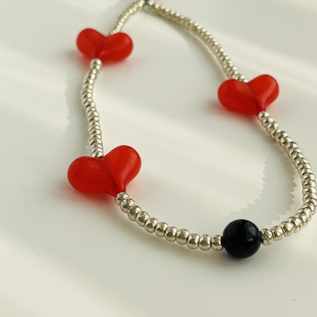 Korean Rosé Phone Lanyard: Black Heart & Peach Beaded Wrist Chain