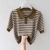 Ice Silk Mid-sleeved Women's Sweater Summer High-end Striped Lapel Fashionable High-end High-end Polo Shirt T-shirt Top