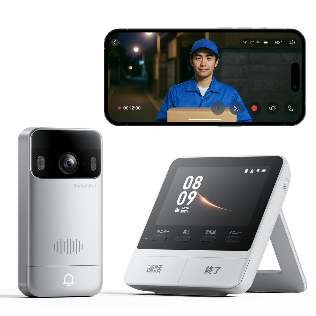 SwitchBot Video Doorphone with Doorbell SwitchBot Voice Remote Wide Angle No Installation Monitor Main Unit Camera Wireless Camera, Intercom, -