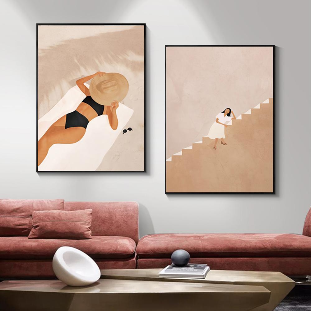Boho Fashion Summer Woman Wall Art Beach Black Cat Canvas Painting Nordic Posters and Prints Pictures for Living Room Decor