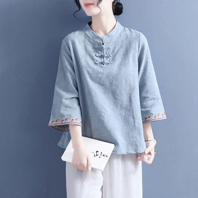 Women's Spring/Summer Embroidered Retro Chinese Frog Button Bell Sleeve Cotton Linen Shirt