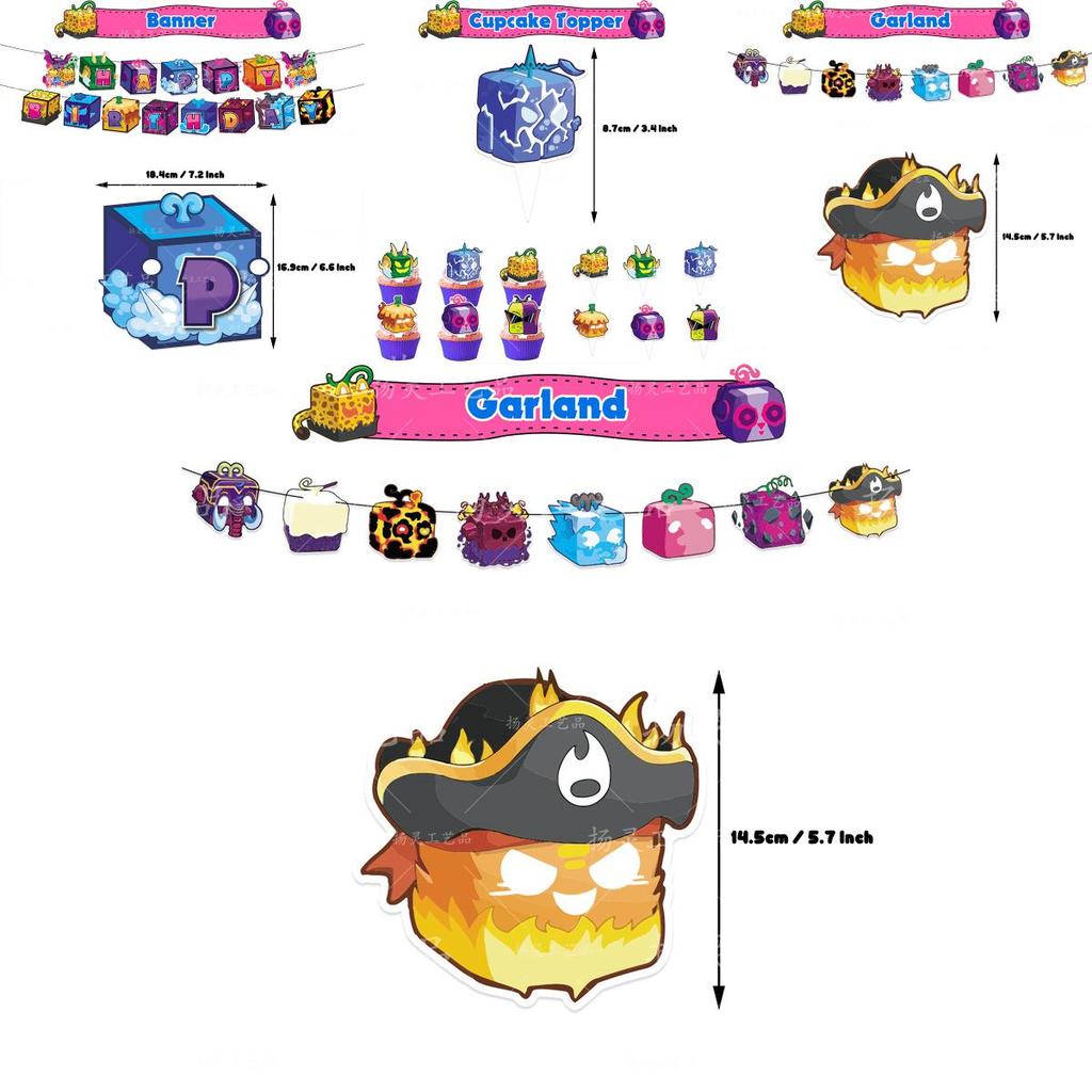 Blox Fruits Birthday Party Decor Game Box Set Paper Craft Printing Size Blox Fruits Set A 1 Flag 16 Balloons Blue 4 Orange 4 Purple 4 Magenta) 1