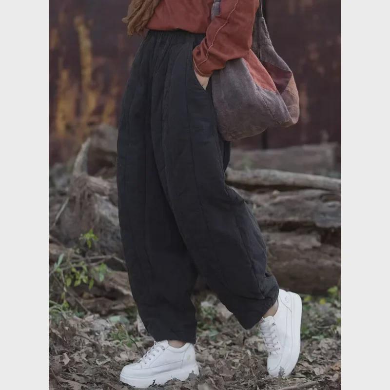 Women's Quilted Cotton-Linen Bloomers: Warm, Loose Carrot Pants for Autumn/Winter