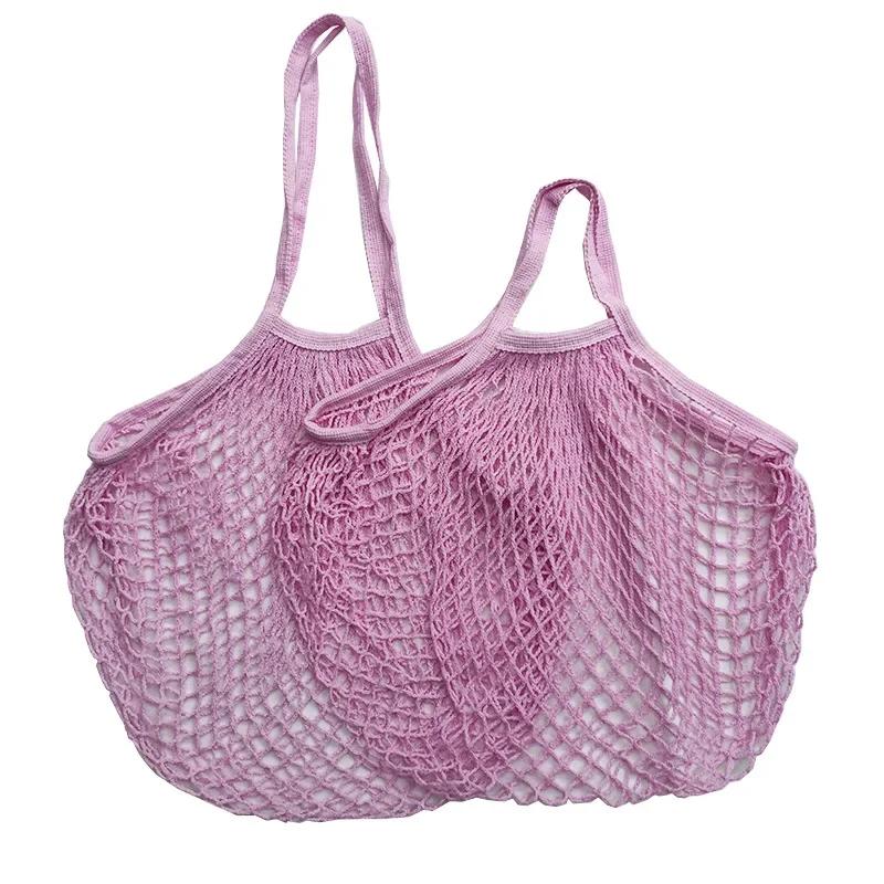 Sacolas de compras de malha de algodão portáteis para supermercado, vegetais, frutas, mercearia, bolsa de mão, alça de rede, malha oca, bolsa de tecido reutilizável