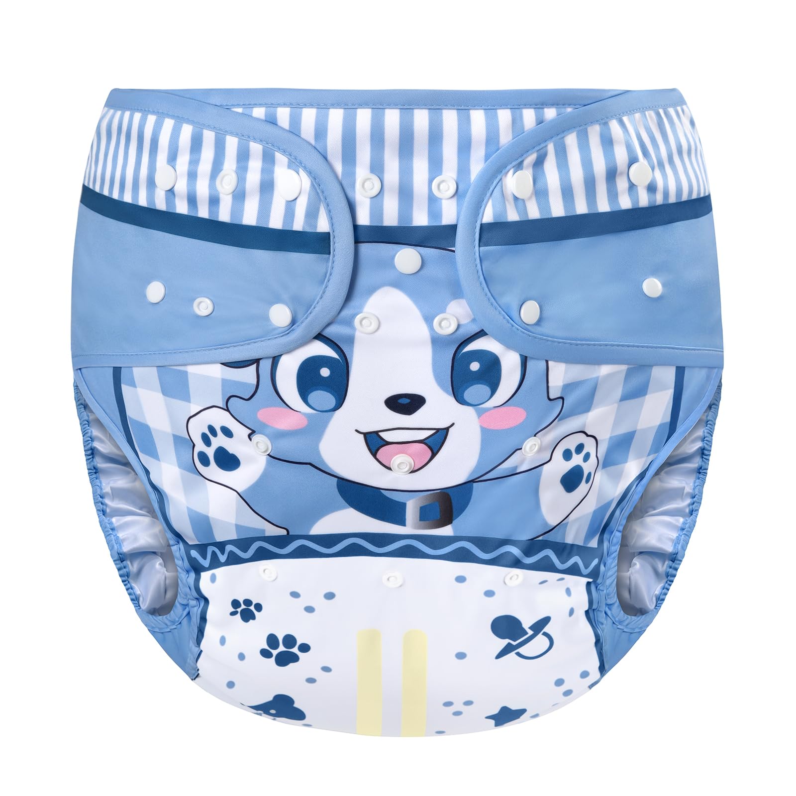

LittleForBig Adult Cloth Diaper Cover with Cute Animal Design, Adjustable Waist and Length, Snaps, Leak-Proof, Breathable, Washable, Blue, Medium