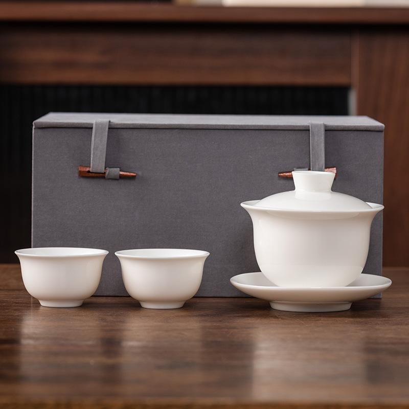 Hover Cover Bowl Suet Jade Porcelain White Porcelain High-end Three Talents Brewing Tea Bowl One Pot Two Cups Gift Box Light Luxury Boutique Tea Set