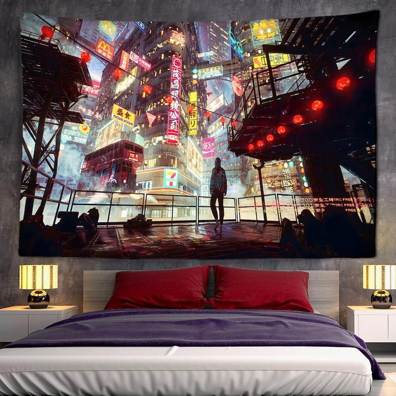 Tapestry Japanese city cyberpunk Japanese night 75x100