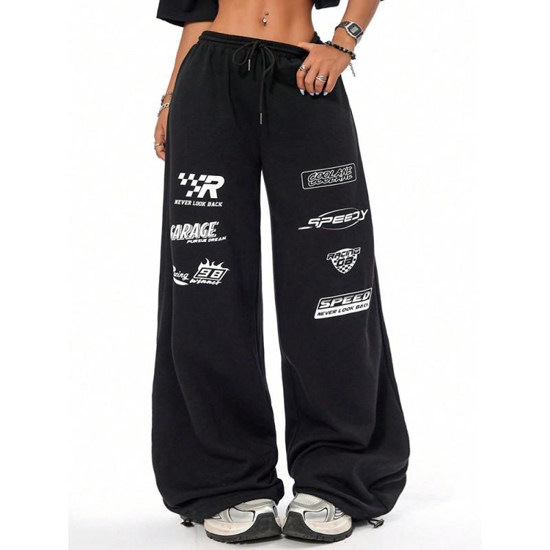 Womens Streetwear Wide Leg Pants With Print - Hip Hop Dance Loose Fit High Waist Trousers