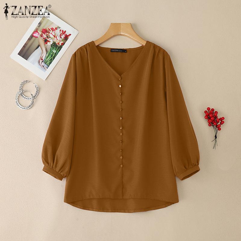 ZANZEA Women Casual V-Neck Solid Color 3/4 Sleeve Loose Blouse