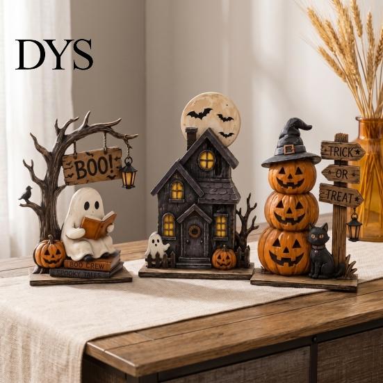 Wooden Ghost Ornaments 3Pcs Halloween Decorations, Fall Tabletop with Black Cat Pumpkin Rustic Wood Craft Elements, Retro Figurines for Mantel,