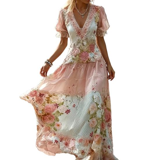 Women's Boho V-Neck Maxi Dress, Floral Print Short Sleeve Casual A-line Dress, Vintage Western Travel Vacation Outfits