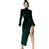 European & American Women's High Neck Velvet Long Dress, Slim Fit, Ruched Slit, Autumn/Winter 2023 Collection