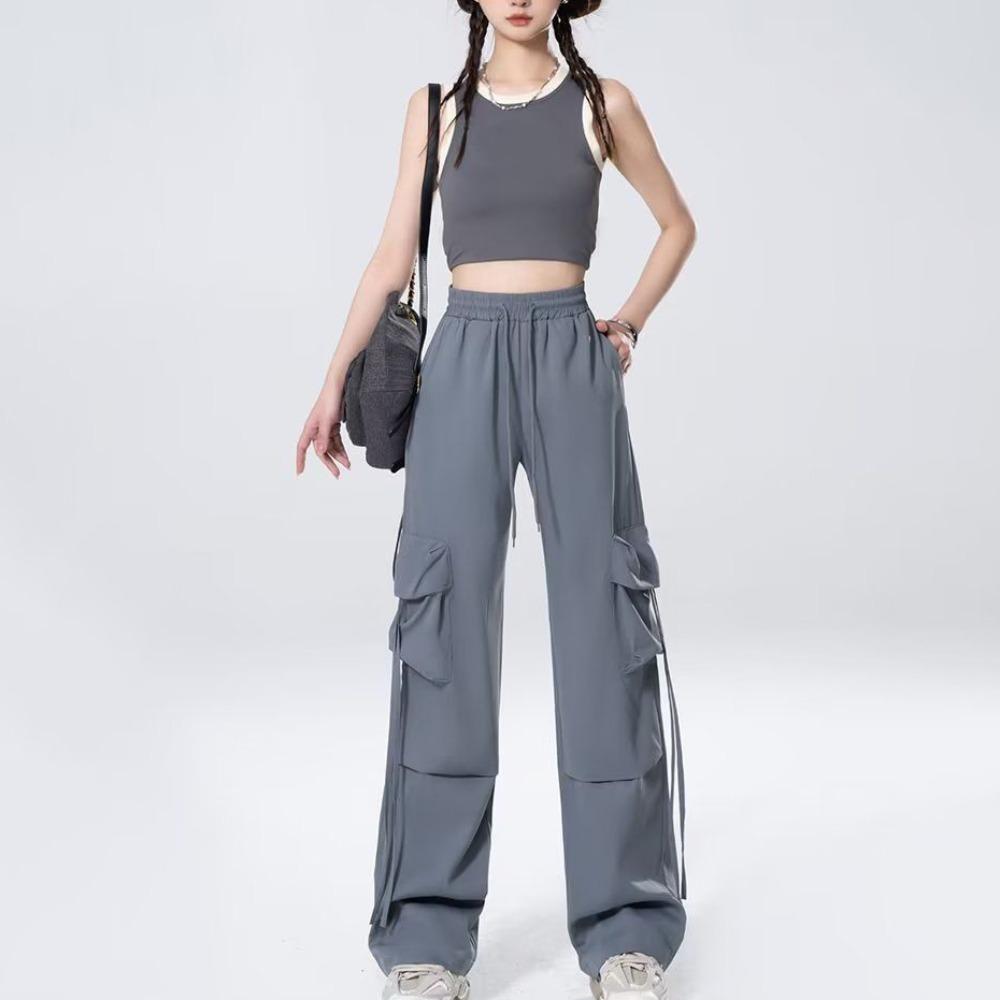 Drawstring Wide Leg Sweatpants Multi-pockets Women Joggers Trousers Baggy Cargo Pants  Sports