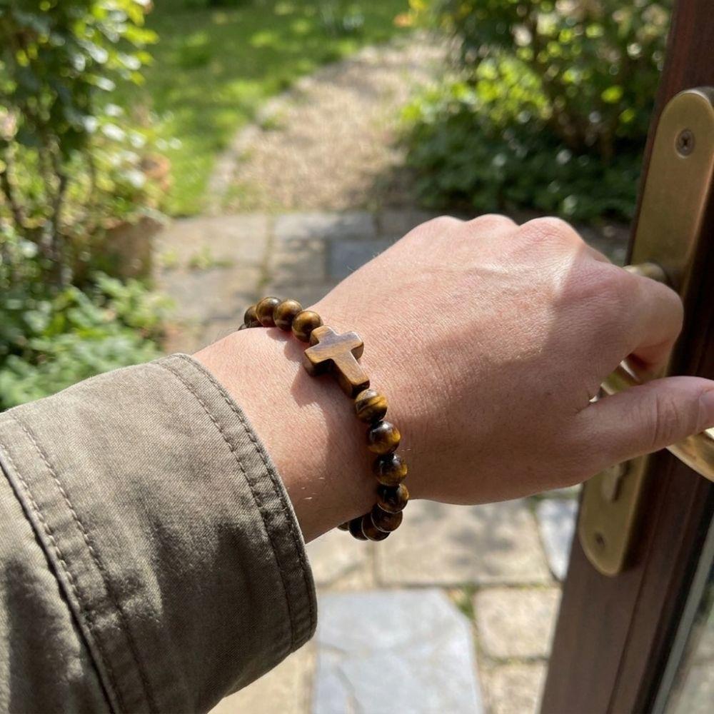 Tiger Eye Beads Cross Bracelet Elastic Rope Rosary Bracelet Vintage Tiger's Eye Bracelet Women