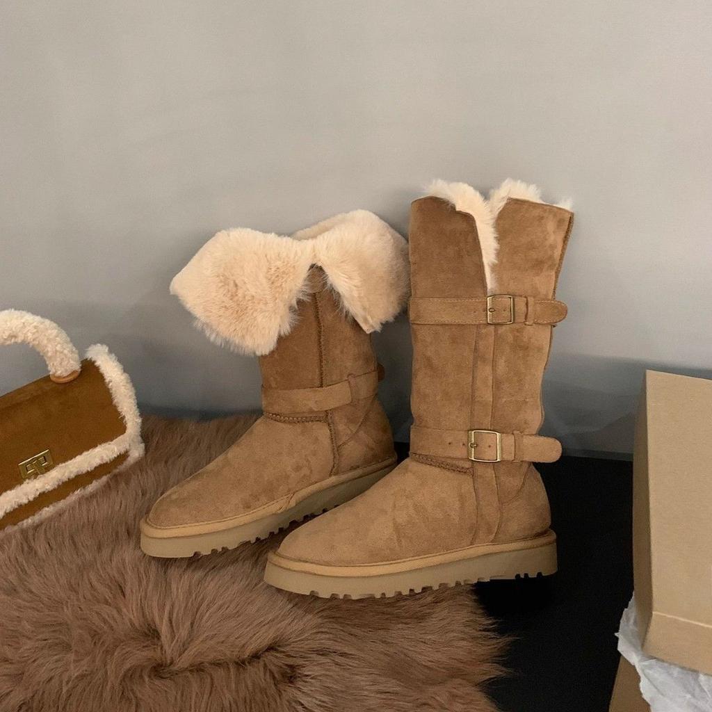 Flat bottom velvet medium tube snow cotton shoes but knee boots Internet celebrity explosion snow boots women 2025 new retro round head