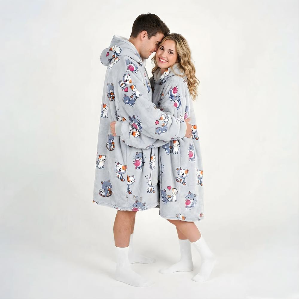 Very Soft Dressing Gown Blanket Robe Lazy Robe Grey Cats 100 Cm