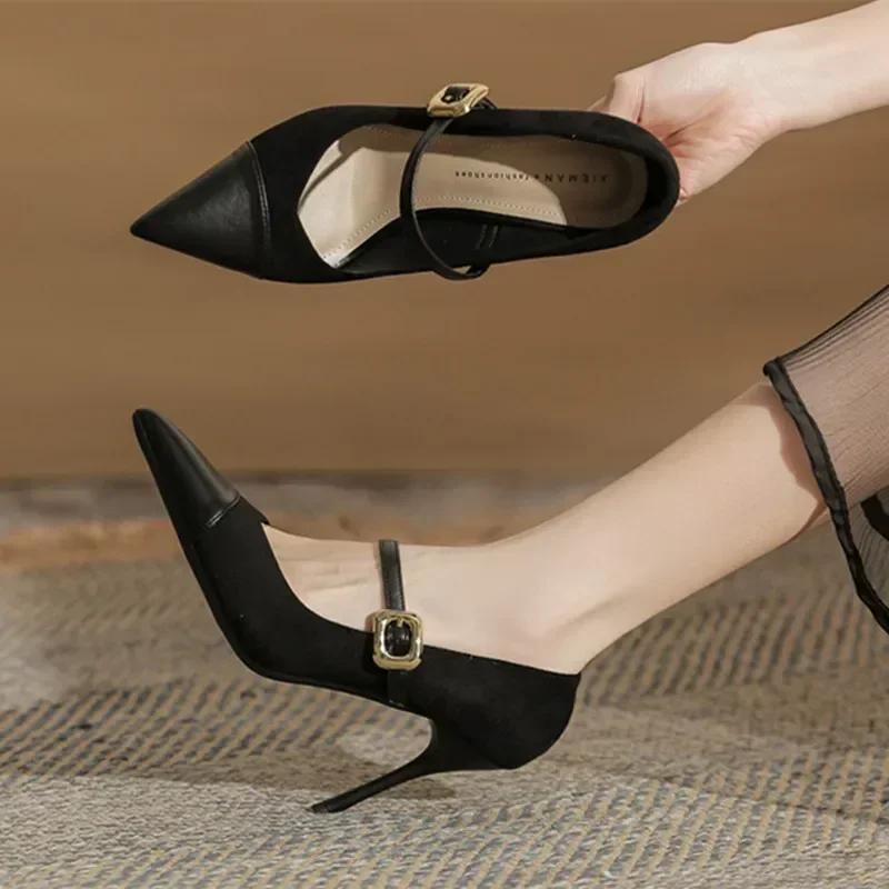 Fashion Sexy Pointed Toe Thin High Heels Women Leather Covered Toe Design Women Pumps Metal Belt Buckle Women's Elegant High Heel Shoes