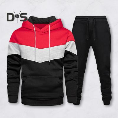 2Pcs/Set Men Sport Outfit Hooded Long Sleeve Front Pockets Sweatshirt Elastic Waist Jogger Pants Set Patchwork Color Activewear
