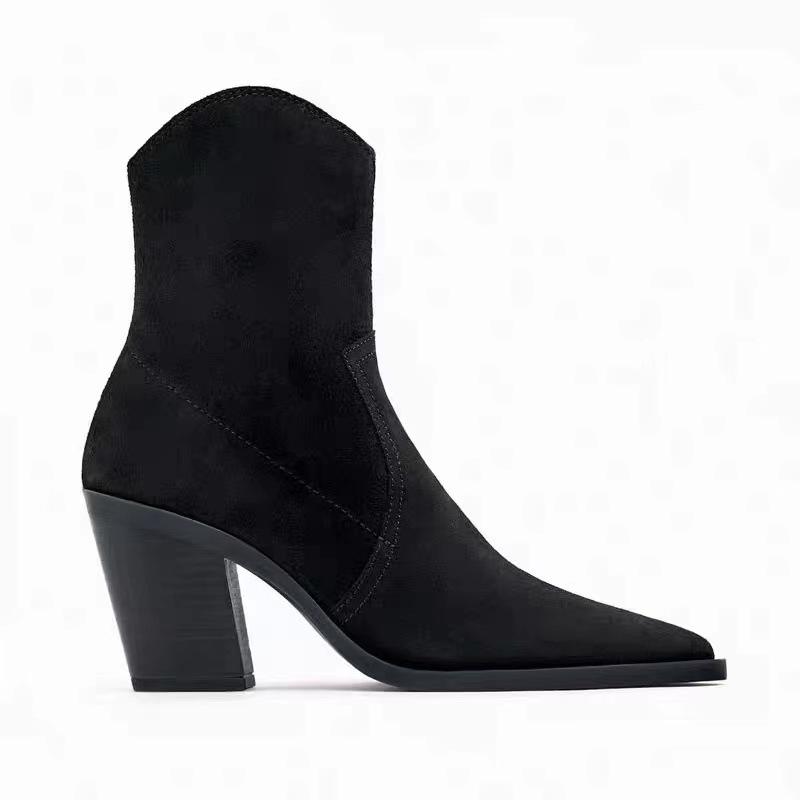 Fashion 2025 Brand Women Warm Winter Boots Women's Mid High-Heeled Pointed Short Knitted Socks Boots Thick Heel Black Booties