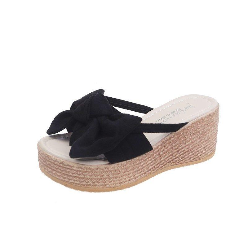 Summer new bow thick bottom slope heel cool slippers wear one-character bow slippers
