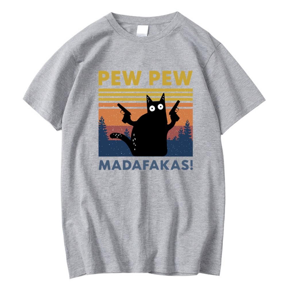 Pew Pew Madafakas Tshirt Men Short Sleeve Novelty Funny Cat T Shirt Loose Tops Shirts Tee T-Shirt Crew Neck Streetwear
