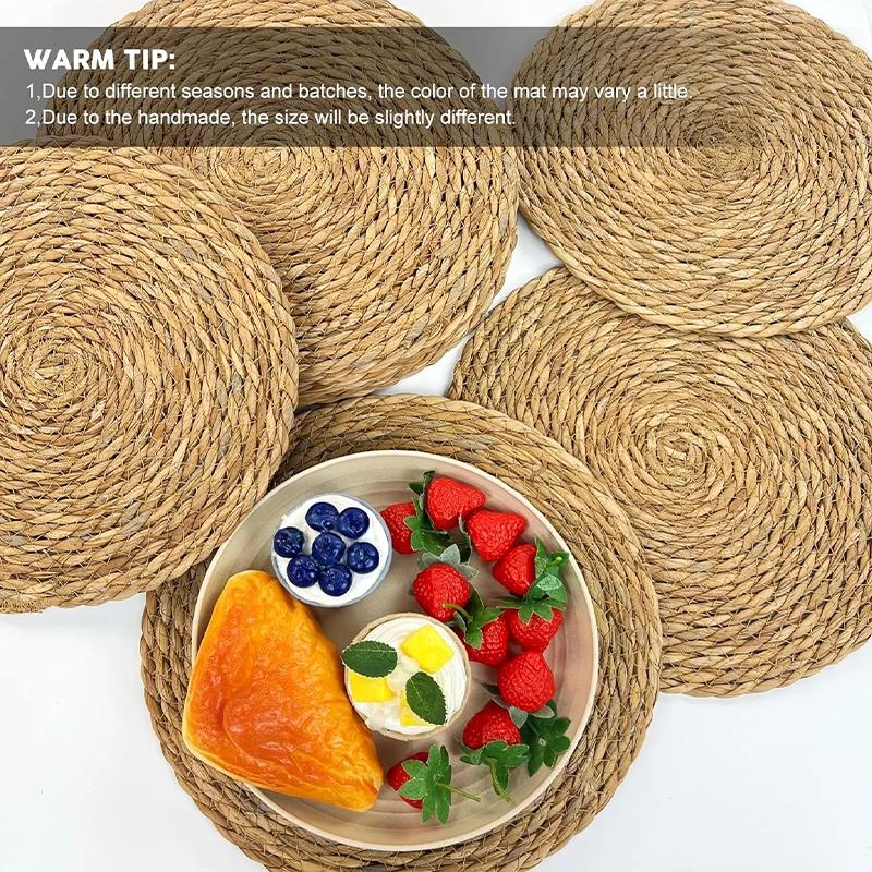 6pc Handmade Straw Woven Placemats Tableware Mat for Dining Table Wicker Natural Round Straw Pad Heat Resistant Place Mats