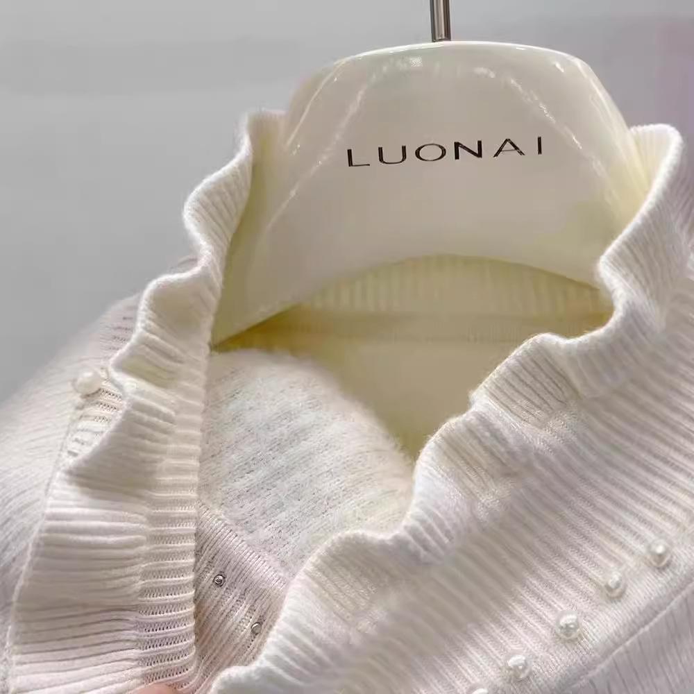 Thickened Velvet Sweater Women's Wooden Ear Nail Bead Knitted Sweater Solid Color Warm One Fleece Inner Hoodie