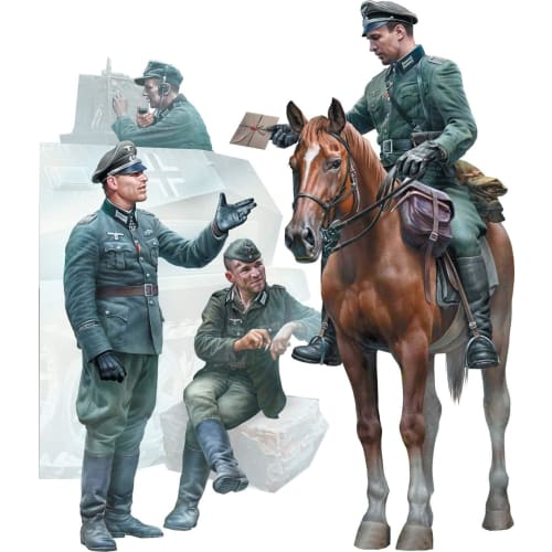 

Master Box 1/35 Scale German Mounted Officer + Officer & 3 Infantrymen Emergency Messenger Plastic Model Kit MB35212