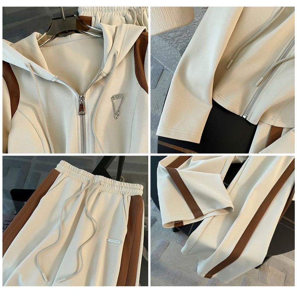 Neformální, Sportovní souprava, Dámská, Kontrastní barvy, Mikina s kapucí, Kalhoty se širokými nohavicemi, Dvoudílná sada