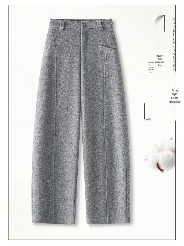 Women's Gray Wool Tweed Wide-Leg Cropped Pants with Velvet Lining - Autumn/Winter New Style