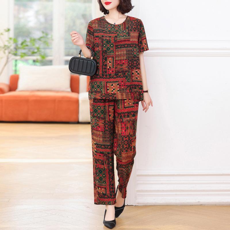 Plus Size Elegant 2 Piece Sets Womens Outfits Summer  Vintage Print Wide Legs Trouser Sets