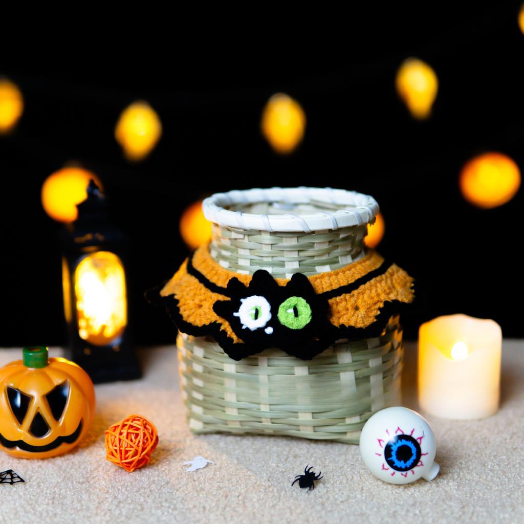 Cat Collar Cute Pet Collar Halloween Heterochromatic Cat Pumpkin Ghost Dog Bib Knitted Collar for Small Cats/dog/kitty