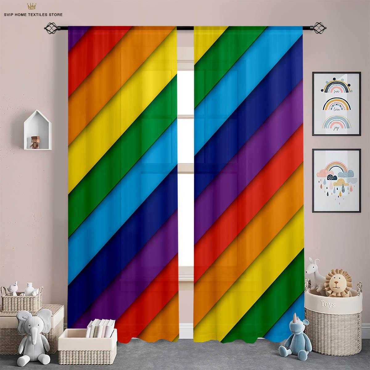 

Rainbow Color Stripescurtains For Boys And Girls, Three-Dimensional Print Printingcurtains, Kitchen Area And Living Space Decorative Piece W50X130H(CM)X2PCS&Rod pocket