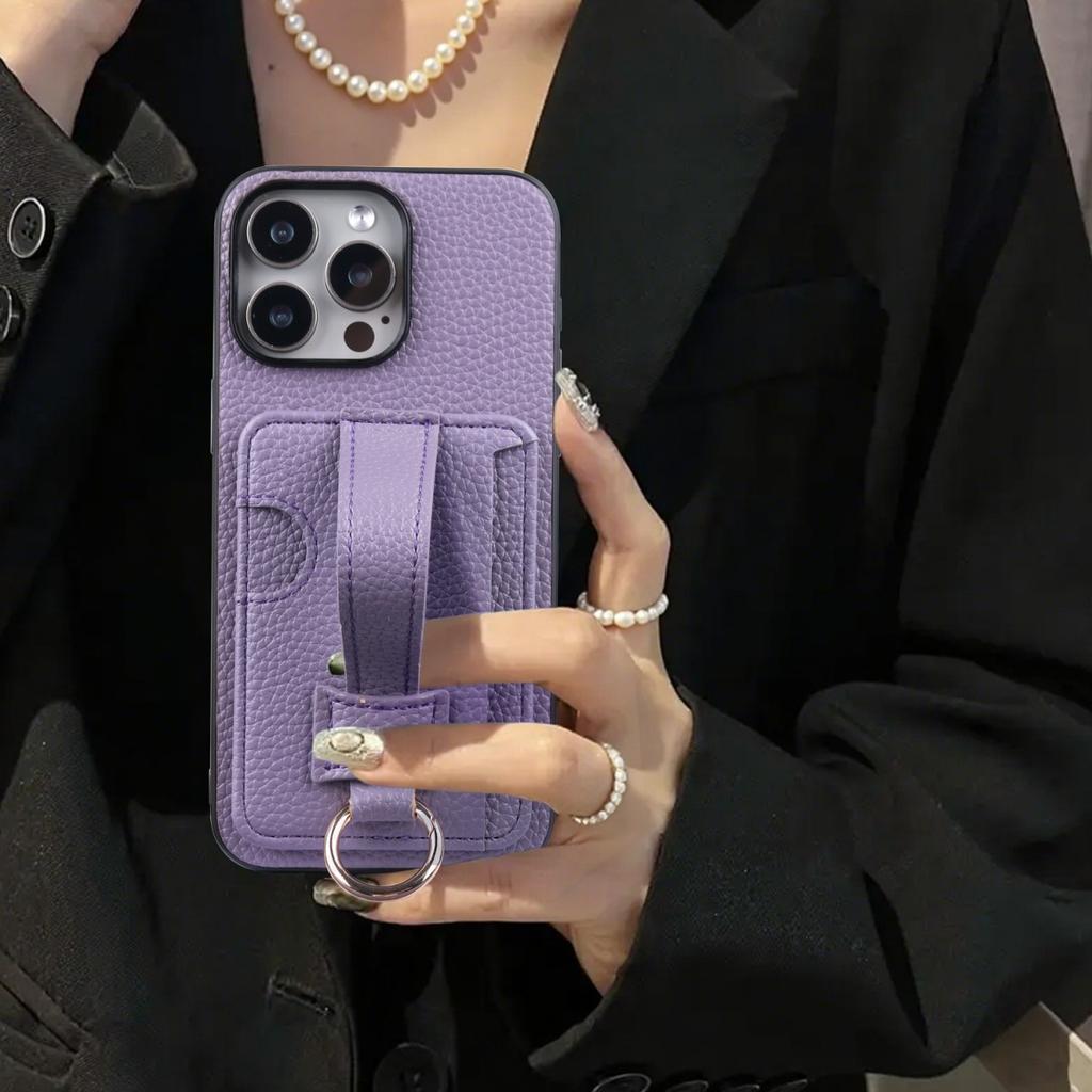 High End TPU+PU Leather Purple Case for iPhone 11 13 12 14 15 16e Pro Max Fashion Wrist Strap Ring Grip Card Holder Wallet Sleev