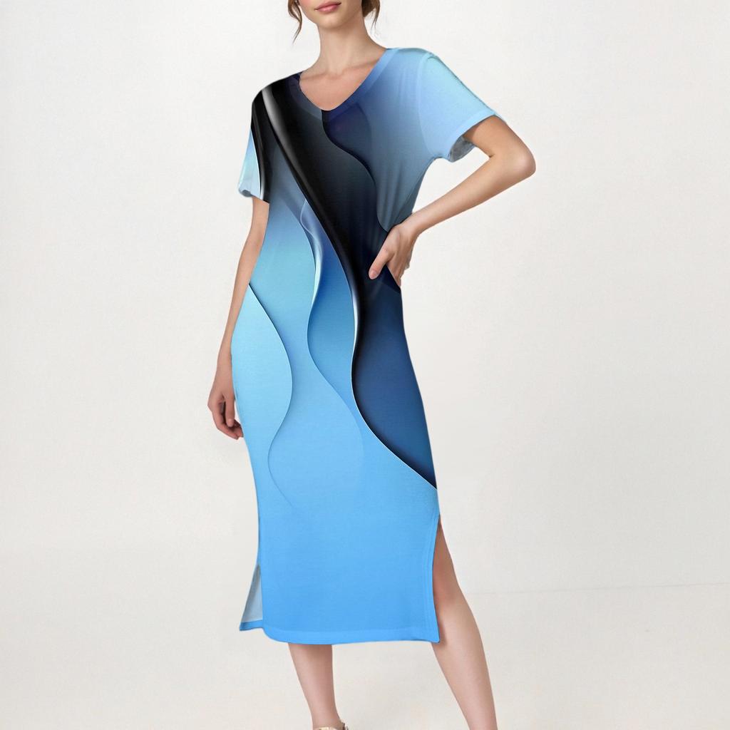 Women's Casual Print V-Neck Short Sleeve Hem Slit Dress With Pockets