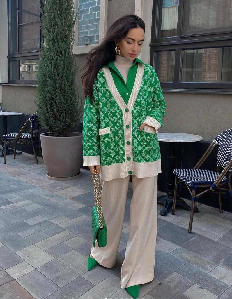 European Spring & Autumn Mid-length Jacquard Open-front Knit Cardigan Sweater