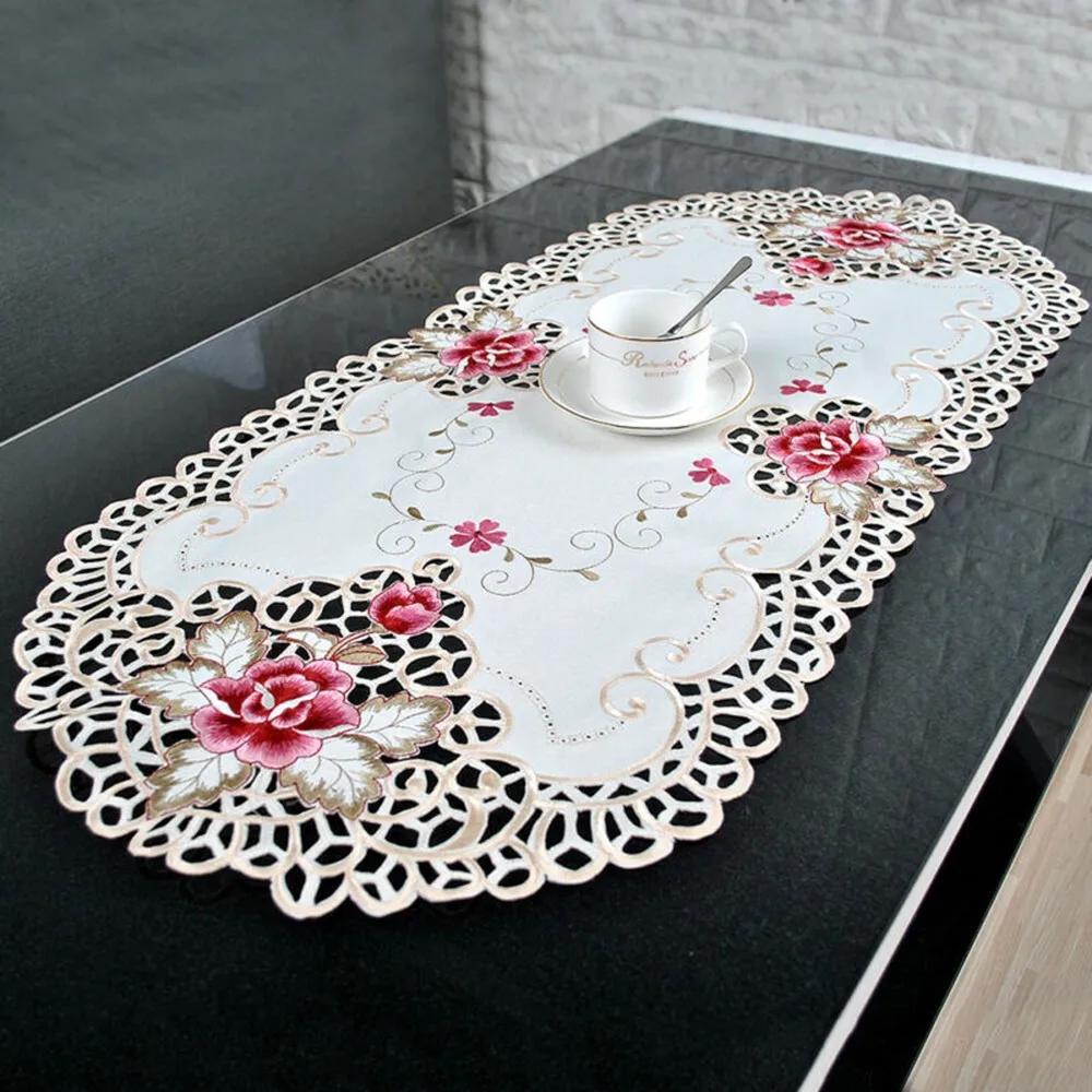 Ovale Vintage-Tischdecke aus bestickter Spitze, elegante europäische Tischdekoration mit rustikalem Blumenmuster, Tischdecke aus Satinstoff mit Blumenmuster