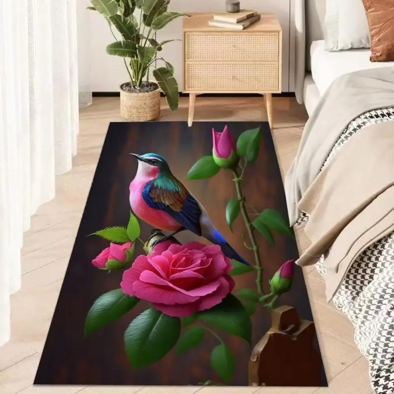 Botanical Flower Decoration Carpet Cartoon Bird Modern Carpet for Living Room Bedroom Decor Bedside Floor Mat Anti Slip Washable