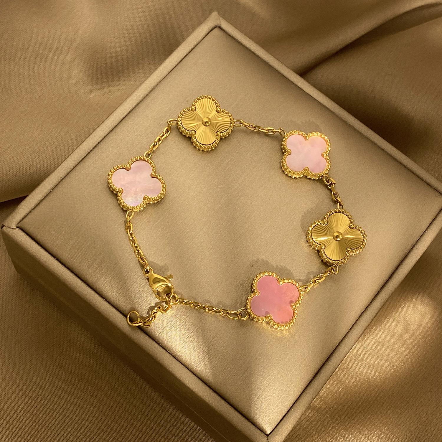 

Браслет из тонкого натурального настоящего перламутра 15 мм в виде четырехлистного клевера и пяти цветов, вакуумное толстое покрытие 18K из титановой стали