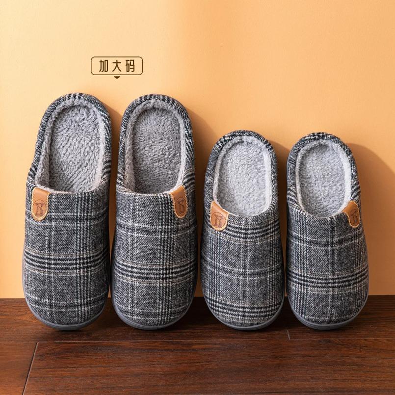 Fashion Plaid House Slipper Male Men  Plus Large Size Thermal Winter Warm Fuzzy Fur Contton Plush Non Slip Indoor Lazy Home Shoe Flat