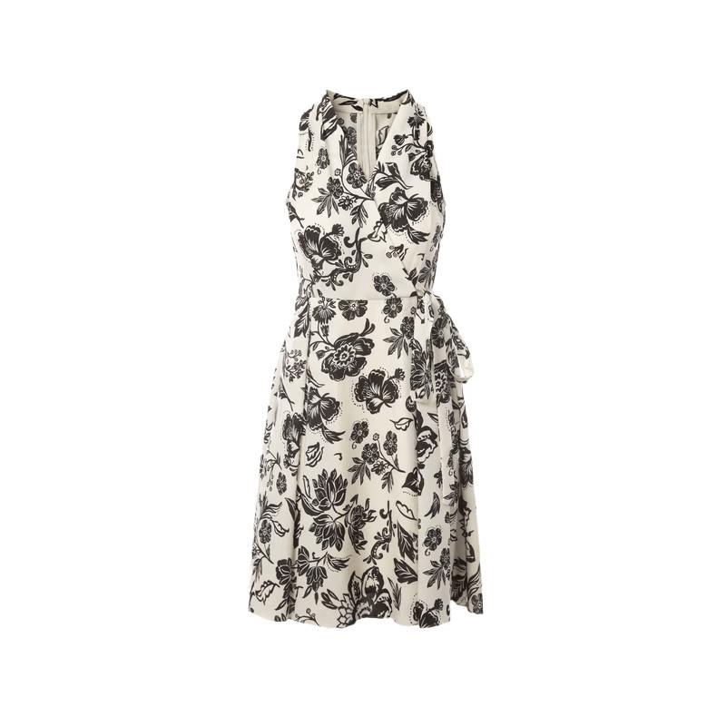 LANGZI V-Neck Halter Tie Print Sleeveless Midi Dress L