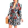 Mode Damen Tiefer V-Ausschnitt Langarm Pfau Blumen Print Wickel Mini Kleid