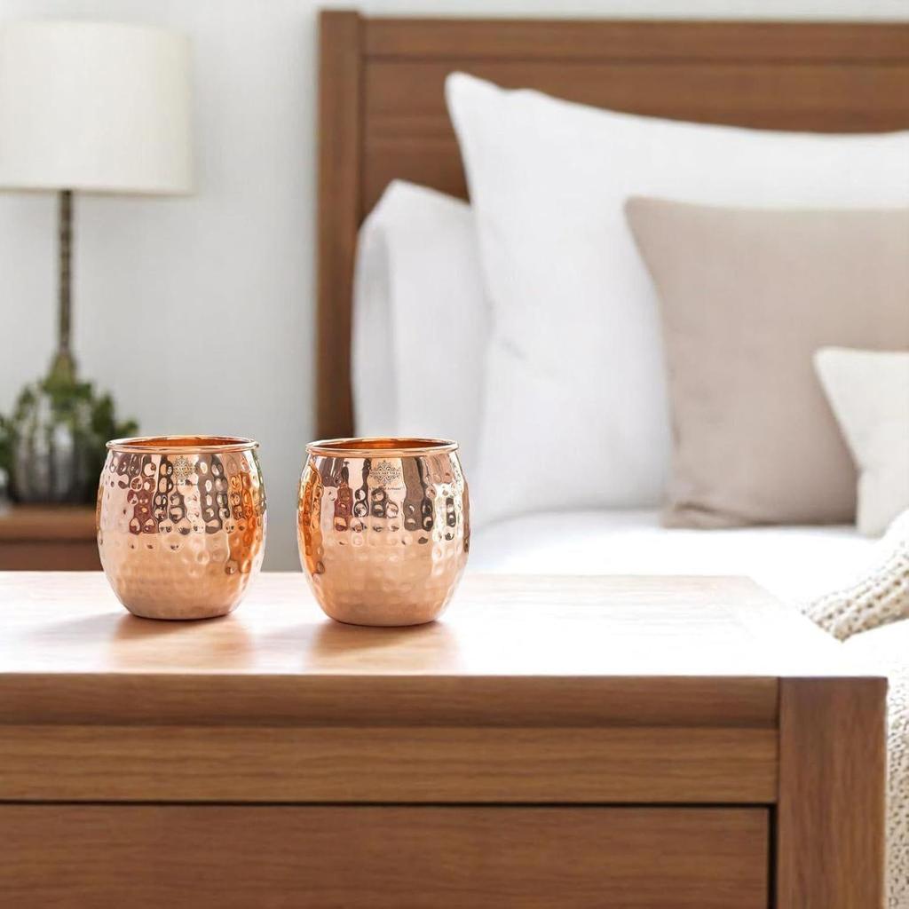 Copper Glass Tumbler, Hammer Design, Drinkware, 550 ML Each, Set of 2